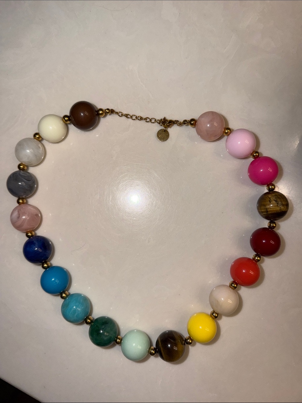 Multicolor Bead Necklace with Gold Accents - Colorful Round Beads